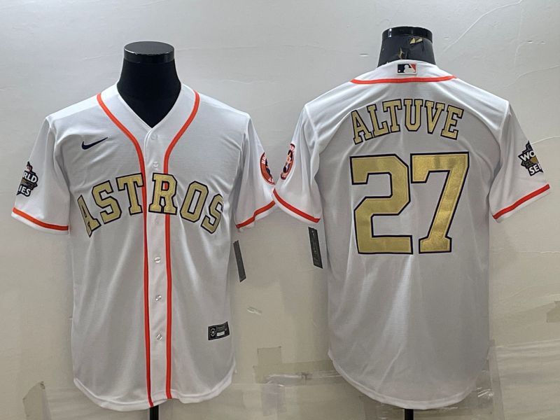 Men Houston Astros 27 Altuve White Champion Gold Game Nike 2022 MLB Jersey